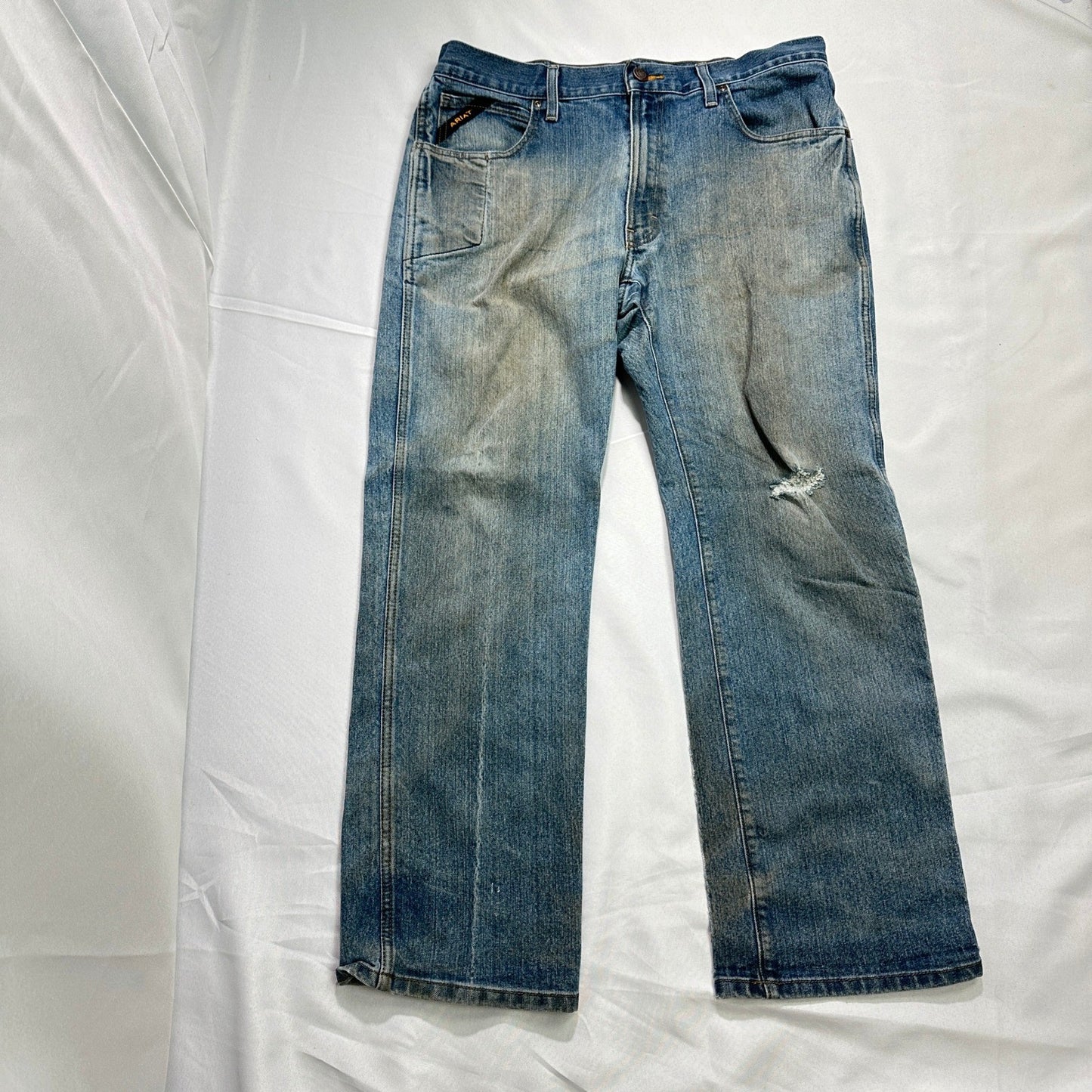 Ariat Rebar M4 Relaxed Boot Jeans Mens 34x30 Blue Distressed Workwear Rugged